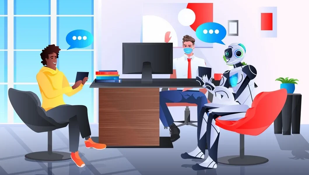 mix-race-businesspeople-masks-discussing-with-robot-office-artificial-